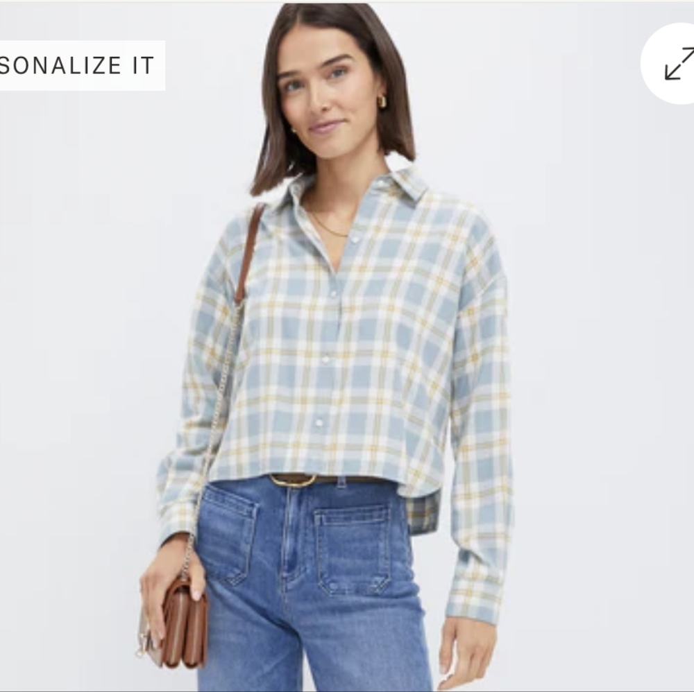 Tuckernuck Blue Plaid Cropped Jasper Button Up Size Medium BNWT